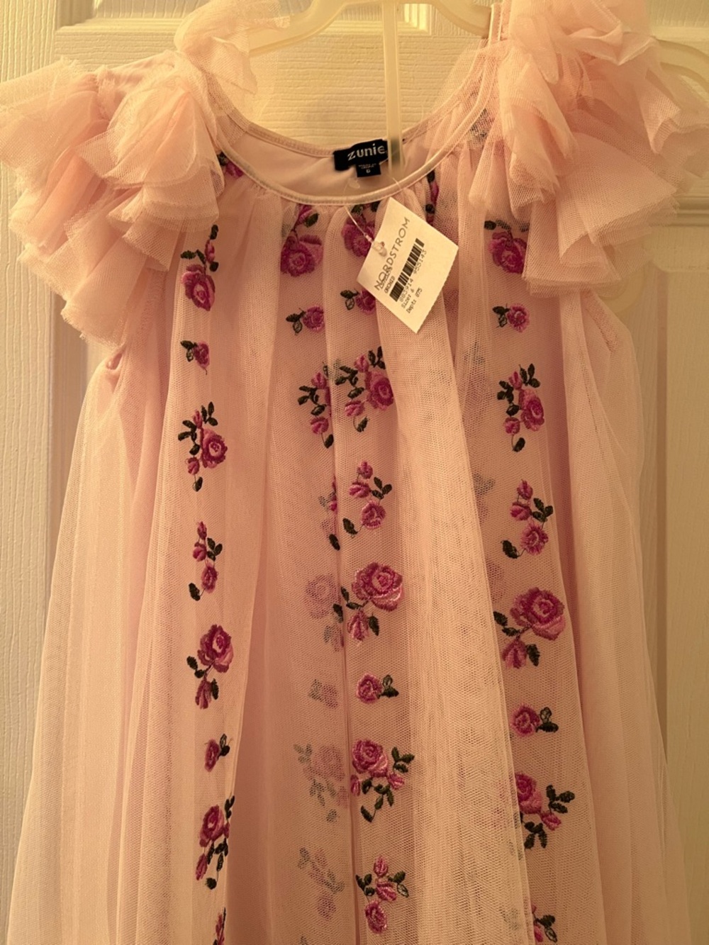 Zunie Blush Pink Tulle Dress with Rose Embroidery